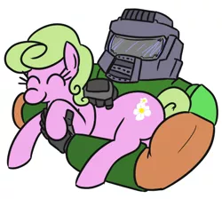 Size: 542x485 | Tagged: safe, artist:jargon scott, derpibooru import, daisy, flower wishes, earth pony, human, pony, doom, doomguy, duo, eyes closed, female, helmet, holding a pony, human male, male, mare, petting her, simple background, this will end in death, this will end in tears, white background