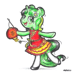 Size: 2476x2476 | Tagged: safe, artist:alphatea, derpibooru import, oc, oc:camellia yasmina, pony, unicorn, bangs, bipedal, blushing, bun hairstyle, cheongsam, chinese new year, chinese new year 2019, clothes, cute, dress, female, flower, lamp, lantern, looking at you, mare, open mouth, ribbon, shadow, shoes, simple background, socks, solo, standing, stick, tail, traditional art, white background, white socks