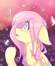 Size: 2893x3483 | Tagged: safe, artist:cookietasticx3, derpibooru import, fluttershy, butterfly, pegasus, pony, amazed, blushing, bust, chest fluff, female, floppy ears, looking at something, looking up, mare, open mouth, profile, raised hoof, solo