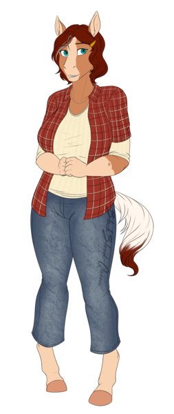 Size: 1392x3300 | Tagged: safe, artist:blackblood-queen, derpibooru import, oc, oc:honeycrisp meadow, unofficial characters only, anthro, earth pony, unguligrade anthro, anthro oc, breasts, clothes, commission, female, jewelry, mare, mother, necklace, pants, plaid shirt, shirt, signature, simple background, smiling, transparent background