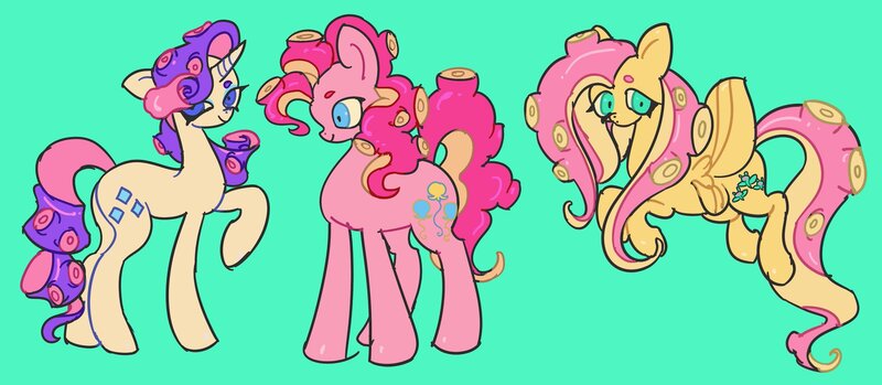 Size: 2048x893 | Tagged: artist:echobone, derpibooru import, fluttershy, monster pony, octopony, original species, pinkie pie, rarity, safe, species swap, tentacle hair