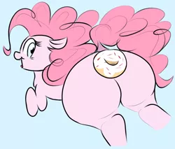 Size: 940x800 | Tagged: artist:ponetistic, balloonbutt, butt, colored background, derpibooru import, dock, donut, food, happy, implied ponut, looking back, pinkie pie, plot, plump, smiling, suggestive, thick