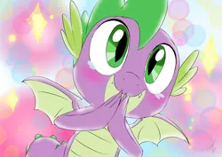 Size: 1414x1000 | Tagged: safe, artist:emositecc, derpibooru import, spike, dragon, molt down, abstract background, c:, crying, cute, male, smiling, solo, spikabetes, tears of joy, winged spike