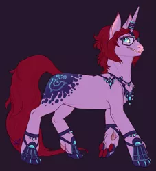 Size: 1131x1248 | Tagged: safe, artist:jayrockin, derpibooru import, oc, unofficial characters only, pony, unicorn, tiny sapient ungulates, bracelet, chest fluff, dark background, fangs, female, finger hooves, fluffy, freckles, glasses, grin, hoof fluff, horn, horn jewelry, horn ring, jewelry, looking up, mare, neck fluff, necklace, purple background, raised hoof, ring, simple background, slit eyes, smiling, solo