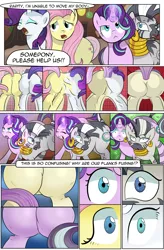 Size: 1800x2740 | Tagged: safe, artist:candyclumsy, author:bigonionbean, derpibooru import, fluttershy, rarity, starlight glimmer, zecora, oc, oc:charitable nature, oc:voodoo charms, pegasus, pony, unicorn, zebra, comic:a step backward's, comic:fusing the fusions, aroused, body horror, butt, comic, commission, commissioner:bigonionbean, confused, conjoined, dat butt, dialogue, female, flank, flustered, fused, fusion, fusion:charitable nature, fusion:voodoo charms, here we go again, huge butt, jiggling, large butt, mare, meme, merge, merging, panic, plot, scared, shocked, swollen, thicc ass, wide hips, wtf, zebra butt