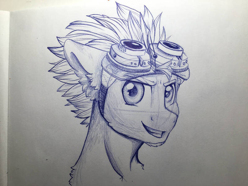 Size: 1024x768 | Tagged: safe, artist:tillie-tmb, derpibooru import, oc, oc:cirrus sky, pony, bust, goggles, male, monochrome, portrait, sketch, solo, stallion, traditional art