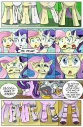 Size: 1800x2740 | Tagged: safe, artist:candyclumsy, author:bigonionbean, derpibooru import, fluttershy, rarity, starlight glimmer, zecora, oc, oc:charitable nature, oc:voodoo charms, hybrid, pony, comic:a step backward's, comic:fusing the fusions, body horror, butt, comic, commissioner:bigonionbean, conjoined, dialogue, fuse, fusion, fusion:charitable nature, fusion:voodoo charms, merge, merging, plot, polycoria, scared, thicc ass, wide hips, wtf, zebra butt