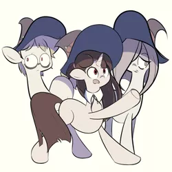 Size: 1280x1280 | Tagged: safe, artist:turtlefarminguy, derpibooru import, ponified, pony, akko kagari, clothes, little witch academia, lotte yanson, pointing, sucy manbavaran