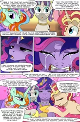 Size: 1800x2740 | Tagged: safe, artist:candyclumsy, author:bigonionbean, derpibooru import, oc, oc:princess mythic majestic, oc:princess sincere scholar, oc:queen galaxia, oc:queen motherly morning, alicorn, pony, comic:a step backward's, comic:fusing the fusions, alicorn oc, cheering up, comic, commissioner:bigonionbean, crown, crying, dialogue, fusion, fusion:princess mythic majestic, fusion:princess sincere scholar, fusion:queen galaxia, fusion:queen motherly morning, group hug, horn, hug, jewelry, regalia, wings