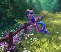 Size: 1602x1378 | Tagged: safe, artist:holivi, derpibooru import, oc, unofficial characters only, pony, unicorn, butt, female, fence, flower, forest, grass, hairband, leaning, lidded eyes, looking back, mare, meadow, nature, pine tree, plot, scenery, scenery porn, smiling, solo, spikes, tail wrap, tree