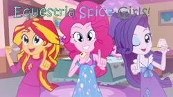 Size: 1280x720 | Tagged: safe, artist:amante56, derpibooru import, pinkie pie, rarity, sunset shimmer, equestria girls, clothes, equestria spice girls, pajamas, sleeveless, spice girls, trio, wannabe