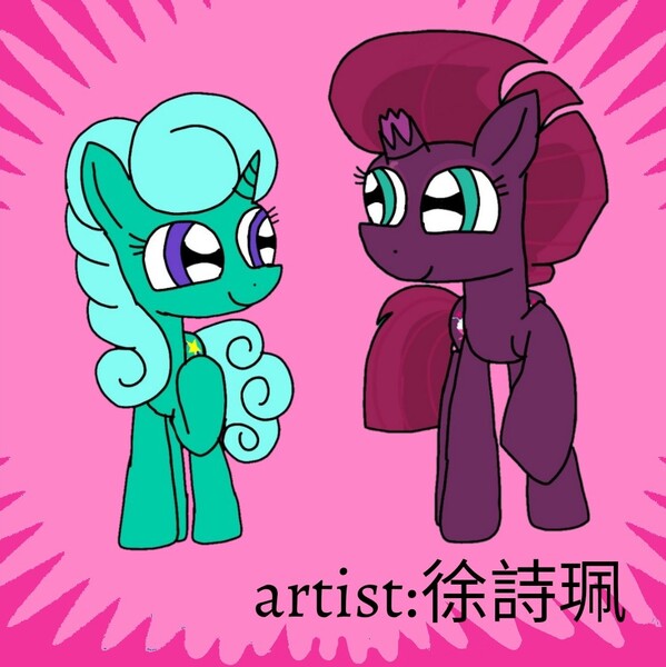 Size: 1017x1018 | Tagged: safe, artist:徐詩珮, derpibooru import, fizzlepop berrytwist, glitter drops, tempest shadow, pony, unicorn, derpibooru, female, glittershadow, lesbian, looking at each other, mare, meta, shipping, spoilered image joke