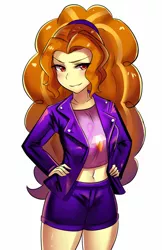 Size: 600x926 | Tagged: safe, artist:tzc, derpibooru import, adagio dazzle, equestria girls, anime, belly button, belly shirt, clothes, commission, female, hands on hip, jacket, looking at you, midriff, red eyes, shorts, simple background, smiling, solo, white background