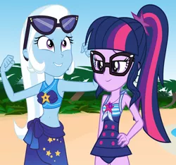 Size: 3522x3300 | Tagged: safe, artist:ktd1993, derpibooru import, sci-twi, trixie, twilight sparkle, equestria girls, equestria girls series, forgotten friendship, belly button, clothes, female, geode of telekinesis, lesbian, magical geodes, sci-twixie, shipping, swimsuit, twixie