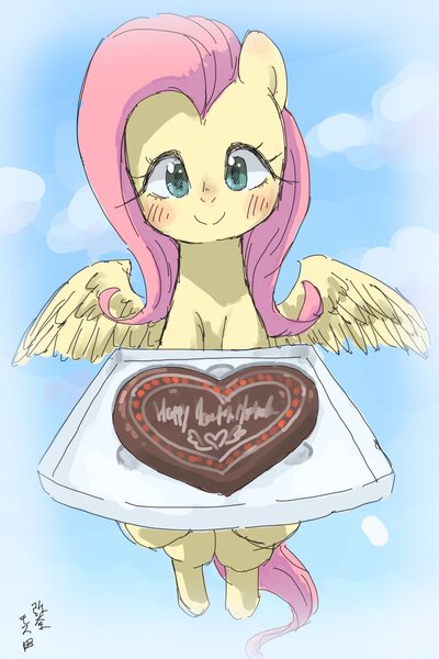 Size: 1200x1800 | Tagged: safe, artist:yanamosuda, derpibooru import, fluttershy, pegasus, pony, blushing, chocolate, cloud, cute, female, food, holiday, hoof hold, looking at you, mare, shyabetes, sky, smiling, solo, spread wings, valentine's day, wings