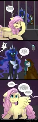 Size: 750x2368 | Tagged: safe, artist:its-gloomy, derpibooru import, fluttershy, nightmare moon, oc, oc:bright eyes, alicorn, pegasus, pony, unicorn, tumblr:ask queen moon, clipped wings, dungeon, ethereal mane, female, mare, prisoner, speech bubble, starry mane, text, wings