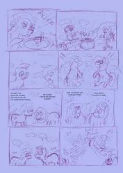 Size: 640x906 | Tagged: safe, artist:fadri, author:bigonionbean, derpibooru import, fluttershy, rarity, starlight glimmer, zecora, pony, unicorn, butt, butt to butt, butt touch, cauldron, comic, commissioner:bigonionbean, dialogue, fusion, magic, merge, merging, plot, potion, sketch, sneezing, swelling, wtf, zebra butt, zecora's hut