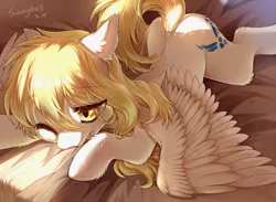 Size: 1280x937 | Tagged: safe, artist:swaybat, derpibooru import, oc, oc:star nai, unofficial characters only, pegasus, pony, bed, blonde hair, cutie mark, female, floppy ears, light, mare, white coat, yellow eyes