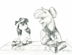 Size: 1400x1065 | Tagged: safe, artist:baron engel, derpibooru import, apple bloom, granny smith, earth pony, pony, bonding, bow, carrot, duo, female, filly, floppy ears, food, grandmother and grandchild, grayscale, hair bow, hockmesser, knife, looking at each other, mare, monochrome, open mouth, pencil drawing, simple background, story in the source, traditional art, white background