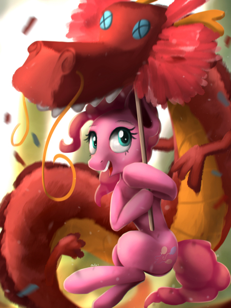 Size: 3000x4000 | Tagged: safe, artist:blackligerth, derpibooru import, pinkie pie, dragon, earth pony, pony, chinese new year, female, mare, parade, smiling