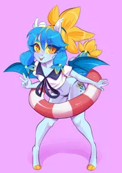 Size: 2480x3507 | Tagged: safe, artist:corelle-vairel, derpibooru import, oc, oc:star sailor, anthro, bat pony, unguligrade anthro, anthro oc, bat pony oc, bat wings, belly button, bikini, bikini bottom, clothes, hat, inner tube, leaning forward, looking at you, peace sign, sailor hat, sailor uniform, swimsuit, uniform, wings