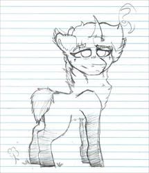 Size: 1024x1190 | Tagged: safe, artist:diane-thorough, derpibooru import, oc, oc:dianthus, pony, unicorn, chest fluff, confused, curved horn, ear fluff, female, floppy ears, fluffy, grayscale, horn, lined paper, monochrome, question mark, sketch, solo, traditional art