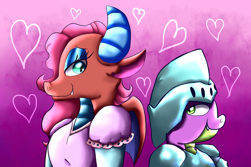 Size: 2160x1440 | Tagged: artist:chiptunebrony, bedroom eyes, cute, derpibooru import, dragon, dragoness, female, floating heart, heart, hearts and hooves day, holiday, knight, male, mina, minabetes, princess, safe, shipping, smiling, spike, spina, straight, valentine's day