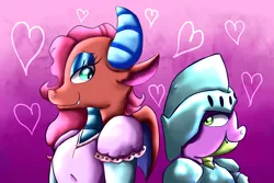 Size: 2160x1440 | Tagged: artist:chiptunebrony, bedroom eyes, cute, derpibooru import, dragon, dragoness, female, floating heart, heart, hearts and hooves day, holiday, knight, male, mina, minabetes, princess, safe, shipping, smiling, spike, spina, straight, valentine's day