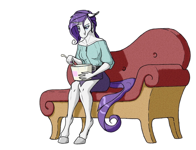 Size: 2000x1529 | Tagged: safe, artist:akweer, derpibooru import, rarity, anthro, unguligrade anthro, unicorn, clothes, comfort eating, crying, depressed, eating, eyeshadow, fainting couch, female, food, ice cream, ice cream drama, makeup, solo