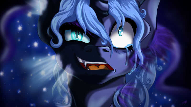 Size: 1920x1080 | Tagged: semi-grimdark, artist:countessmrose, derpibooru import, nightmare moon, princess luna, alicorn, pony, bust, corrupted, crying, duality, ethereal mane, fangs, female, makeup, running makeup, s1 luna, slit eyes, split screen, starry mane, transformation