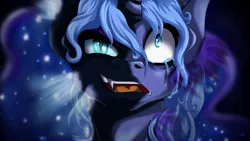 Size: 1920x1080 | Tagged: semi-grimdark, artist:countessmrose, derpibooru import, nightmare moon, princess luna, alicorn, pony, bust, corrupted, crying, duality, ethereal mane, fangs, female, makeup, running makeup, s1 luna, slit eyes, split screen, starry mane, transformation