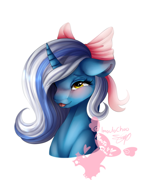 Size: 600x759 | Tagged: safe, artist:imoutochao, derpibooru import, oc, oc:fleurbelle, alicorn, pony, adorable face, alicorn oc, blushing, bow, cute, eyelashes, female, floppy ears, hair bow, hair over one eye, happy, horn, long hair, long mane, love, mare, ribbon, sweet, tongue out, wings, yellow eyes