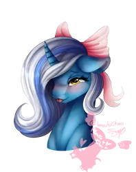 Size: 600x759 | Tagged: safe, artist:imoutochao, derpibooru import, oc, oc:fleurbelle, alicorn, pony, adorable face, alicorn oc, blushing, bow, cute, eyelashes, female, floppy ears, hair bow, hair over one eye, happy, horn, long hair, long mane, love, mare, ribbon, sweet, tongue out, wings, yellow eyes