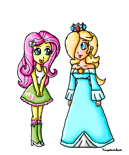 Size: 500x600 | Tagged: safe, artist:ninpeachlover, derpibooru import, fluttershy, human, equestria girls, clothes, crossover, crown, dress, ear piercing, earring, hairpin, high heels, jewelry, looking at each other, meeting, nintendo, piercing, princess rosalina, regalia, rosalina, shoes, super mario bros., super mario galaxy, super smash bros.