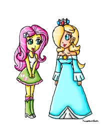 Size: 500x600 | Tagged: safe, artist:ninpeachlover, derpibooru import, fluttershy, human, equestria girls, clothes, crossover, crown, dress, ear piercing, earring, hairpin, high heels, jewelry, looking at each other, meeting, nintendo, piercing, princess rosalina, regalia, rosalina, shoes, super mario bros., super mario galaxy, super smash bros.