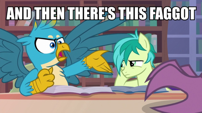 Size: 1200x675 | Tagged: caption, derpibooru import, edit, edited screencap, faggot, gallus, homophobia, image macro, irony, meme, safe, sandbar, screencap, silverstream, text, vulgar, what lies beneath