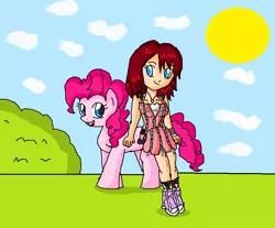 Size: 788x652 | Tagged: safe, artist:ninpeachlover, derpibooru import, pinkie pie, earth pony, human, pony, clothes, crossover, humans riding ponies, kairi, kingdom hearts, pony ride, riding