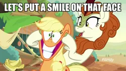 Size: 1200x675 | Tagged: applejack, autumn blaze, caption, derpibooru import, discovery family logo, duo, edit, edited screencap, faic, image macro, kirin, meme, safe, screencap, sounds of silence, text