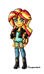 Size: 500x833 | Tagged: safe, artist:ninpeachlover, derpibooru import, sunset shimmer, human, equestria girls, boots, clothes, dress, high heel boots, high heels, jacket, pants, shoes