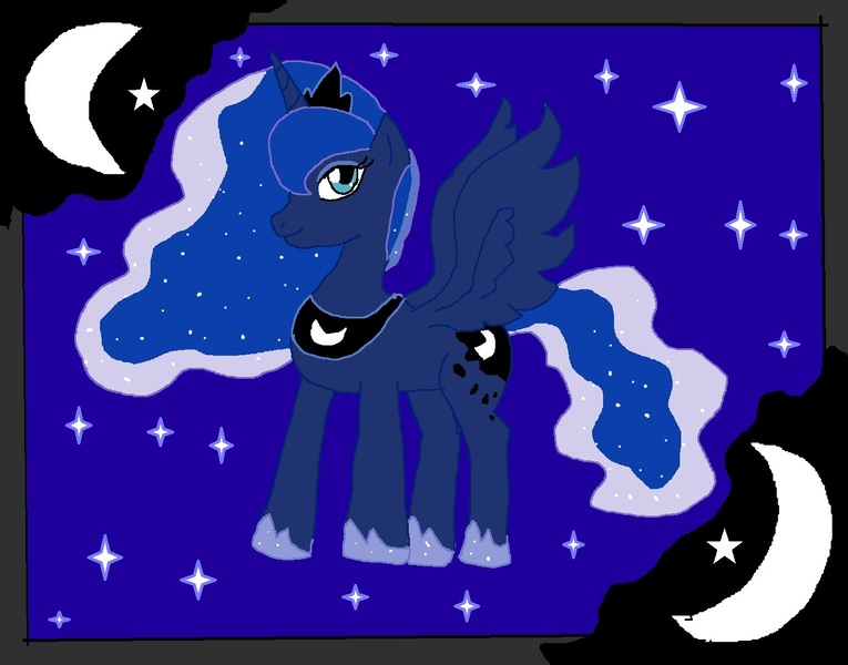 Size: 1392x1092 | Tagged: safe, artist:ninpeachlover, derpibooru import, princess luna, alicorn, pony, clothes, crown, jewelry, moon, moving hair, necklace, princess of the night, regalia, shoes, stars, wavy hair, wavy tail