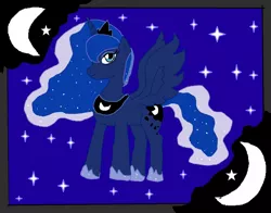 Size: 1392x1092 | Tagged: safe, artist:ninpeachlover, derpibooru import, princess luna, alicorn, pony, clothes, crown, jewelry, moon, moving hair, necklace, princess of the night, regalia, shoes, stars, wavy hair, wavy tail