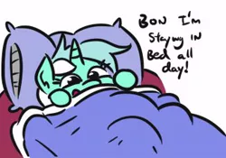 Size: 326x228 | Tagged: safe, artist:jargon scott, derpibooru import, lyra heartstrings, pony, unicorn, bed, blanket, female, hooves up, implied bon bon, l.u.l.s., looking at you, mare, open mouth, pillow, simple background, smart, smiling, solo, speech, talking, text, white background