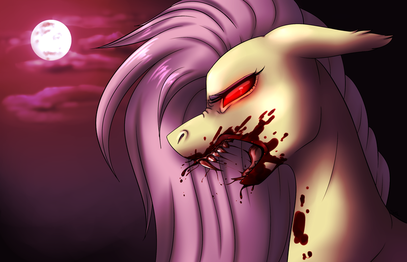 Size: 2484x1601 | Tagged: semi-grimdark, artist:emalajissda, derpibooru import, fluttershy, bat pony, pony, bat ponified, blood, fangs, female, floppy ears, flutterbat, mare, moon, open mouth, profile, race swap, red eyes, solo