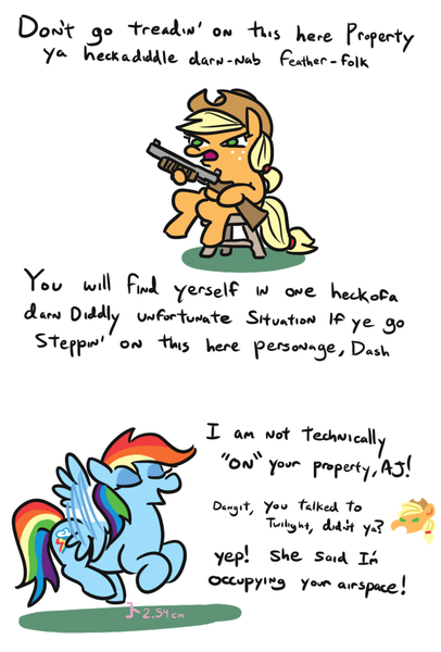 Size: 638x944 | Tagged: safe, artist:jargon scott, derpibooru import, applejack, rainbow dash, earth pony, pegasus, pony, clever girl, comic, dialogue, flying, freckles, gun, shotgun, weapon