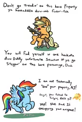 Size: 638x944 | Tagged: safe, artist:jargon scott, derpibooru import, applejack, rainbow dash, earth pony, pegasus, pony, clever girl, comic, dialogue, flying, freckles, gun, shotgun, weapon