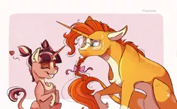 Size: 3000x1850 | Tagged: safe, artist:marbola, derpibooru import, sunburst, oc, oc:twinkle glare, classical unicorn, pony, unicorn, bow, braid, braided beard, cheek fluff, chest fluff, cloven hooves, cute, ear fluff, eyes closed, father and child, father and daughter, female, filly, floating heart, floppy ears, fluffy, frown, grin, hair bow, heart, leg fluff, leonine tail, lidded eyes, male, next generation, ocbetes, offspring, pale belly, parent:starlight glimmer, parent:sunburst, parents:starburst, sitting, smiling, squee, stallion, sweat, sweatdrop, unshorn fetlocks
