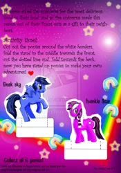 Size: 600x857 | Tagged: safe, artist:danigrillo, derpibooru import, oc, oc:dusk sky, oc:twinkle star, unofficial characters only, pony, back, cereal box, marshmallows, pun, rainbow