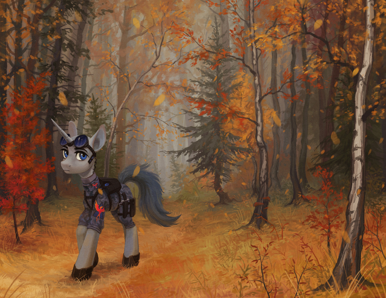 Size: 3115x2405 | Tagged: safe, artist:koviry, derpibooru import, oc, oc:flint, pony, unicorn, autumn, clothes, forest, goggles, solo, tree, uniform