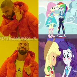 Size: 768x768 | Tagged: safe, derpibooru import, edit, edited screencap, screencap, applejack, fluttershy, rainbow dash, rarity, equestria girls, equestria girls series, rollercoaster of friendship, blushing, clothes, converse, discovery family logo, drake, female, flutterdash, geode of fauna, geode of shielding, geode of super speed, geode of super strength, hotline bling, lesbian, magical geodes, male, meme, rarijack, shipping, shipping denied, shipping fuel, shoes, watermark, wrong aspect ratio
