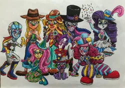 Size: 3666x2584 | Tagged: safe, artist:bozzerkazooers, derpibooru import, applejack, fluttershy, pinkie pie, rainbow dash, rarity, sci-twi, spike, spike the regular dog, sunset shimmer, twilight sparkle, dog, equestria girls, art trade, clothes, clown, clown nose, clownity, clownset shimmer, confetti, dress, dressup, flutterclown, food, hat, humane eight, humane five, humane seven, humane six, magician outfit, motorcross outfit, pie